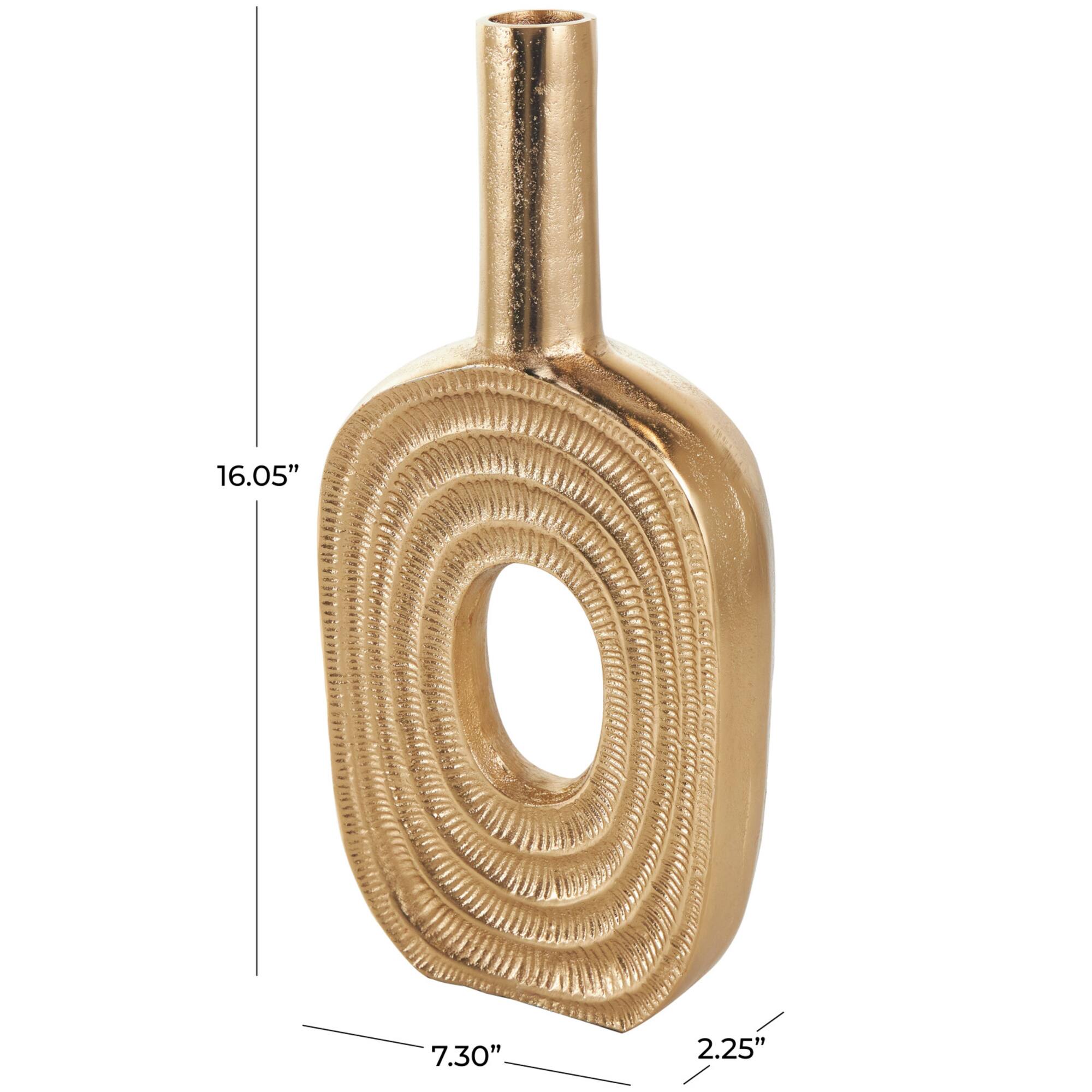 16" Gold Aluminum Metal Geometric Circular Vase with Linear Etchings